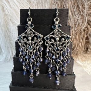 Vintage aged Silvertone, black and blue chandelier pierced earrings